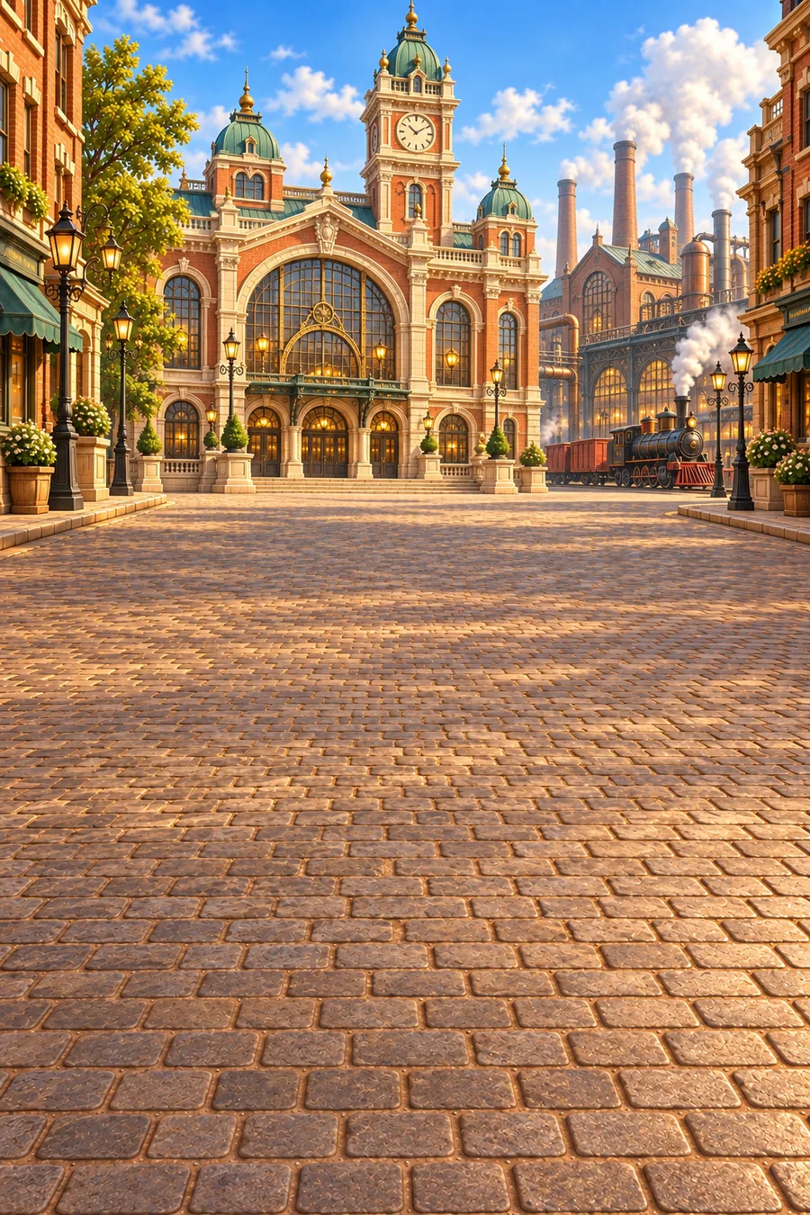 An 1890s foundry plaza with smokestacks and brick workshops