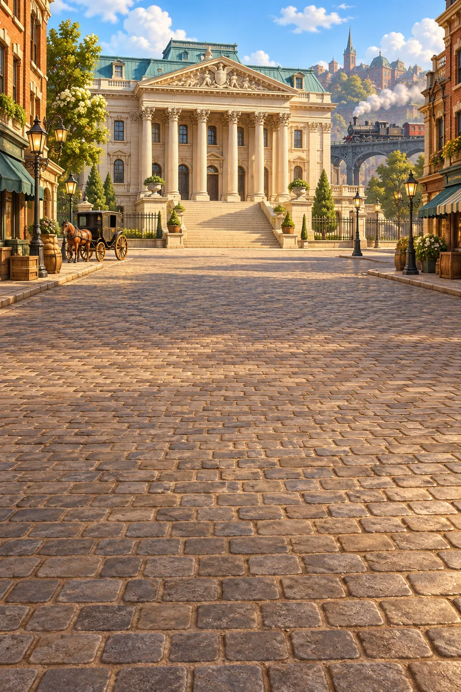 A cobblestone treasury plaza in the 1870s