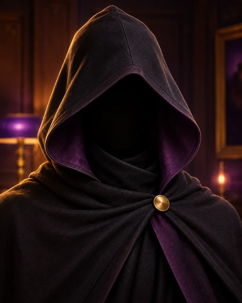 A hooded figure representing the Consortium, lit by candlelight