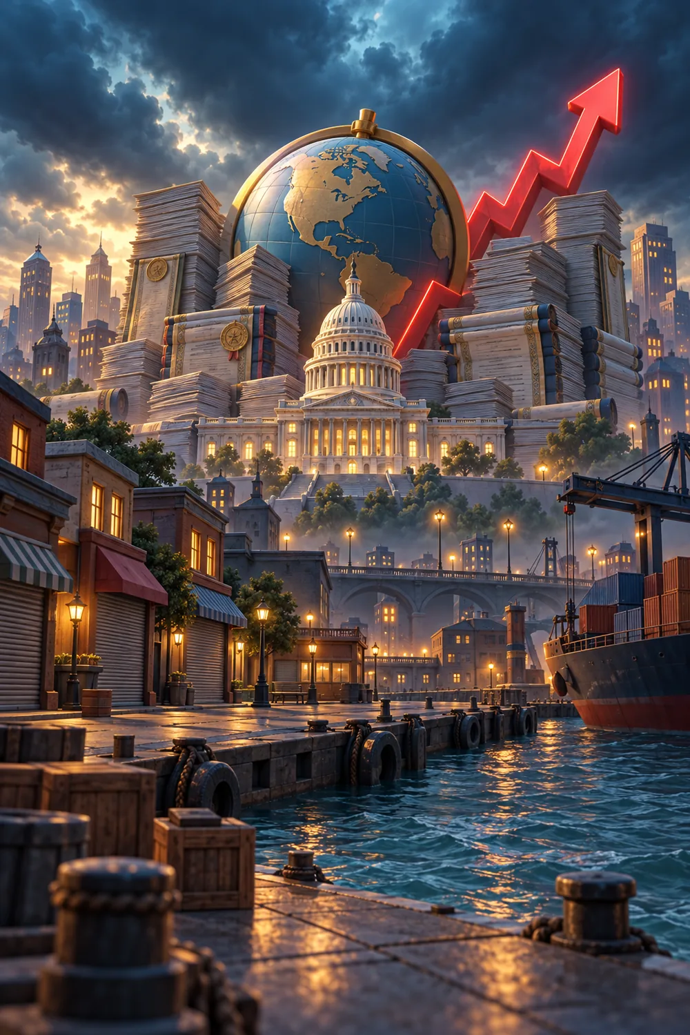 A darkened harbor city at night beneath a globe and a rising red debt line