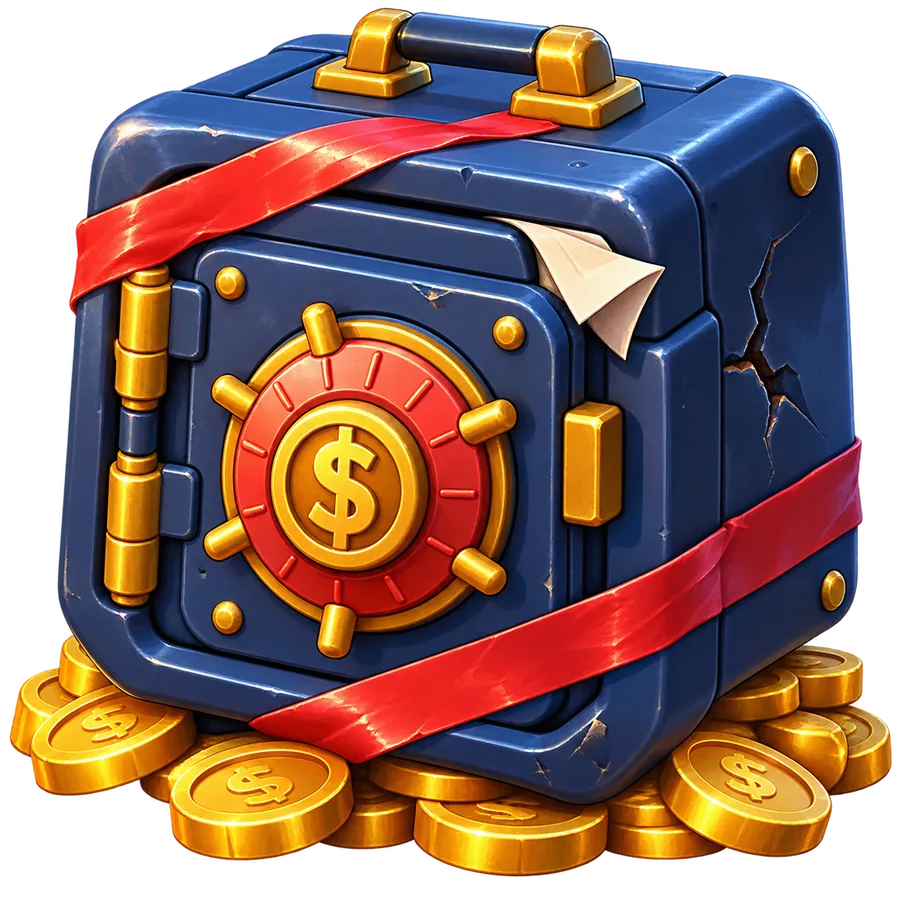 The oversized blue and gold debt vault, cracked open and spilling coins