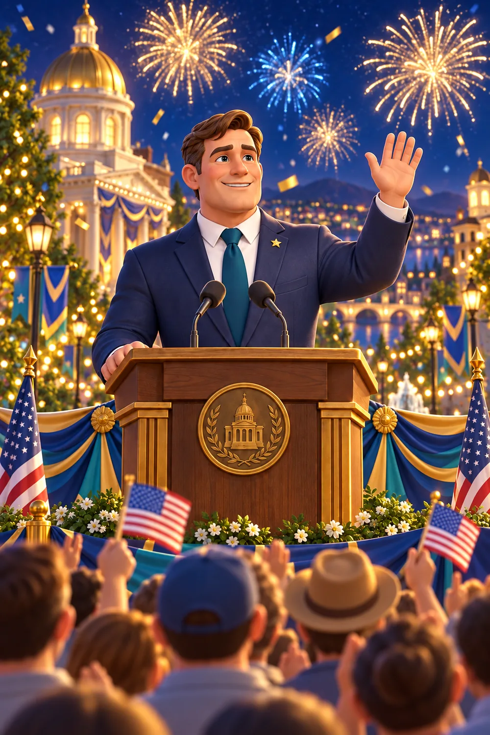 The newly elected president waving from a podium as fireworks light up the capitol