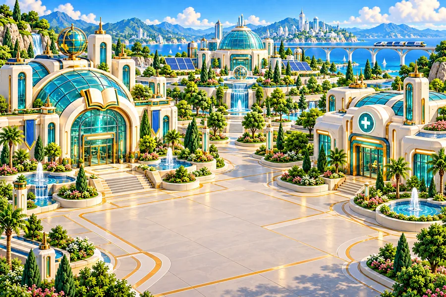 A gleaming future civic campus with glass domes and gardens