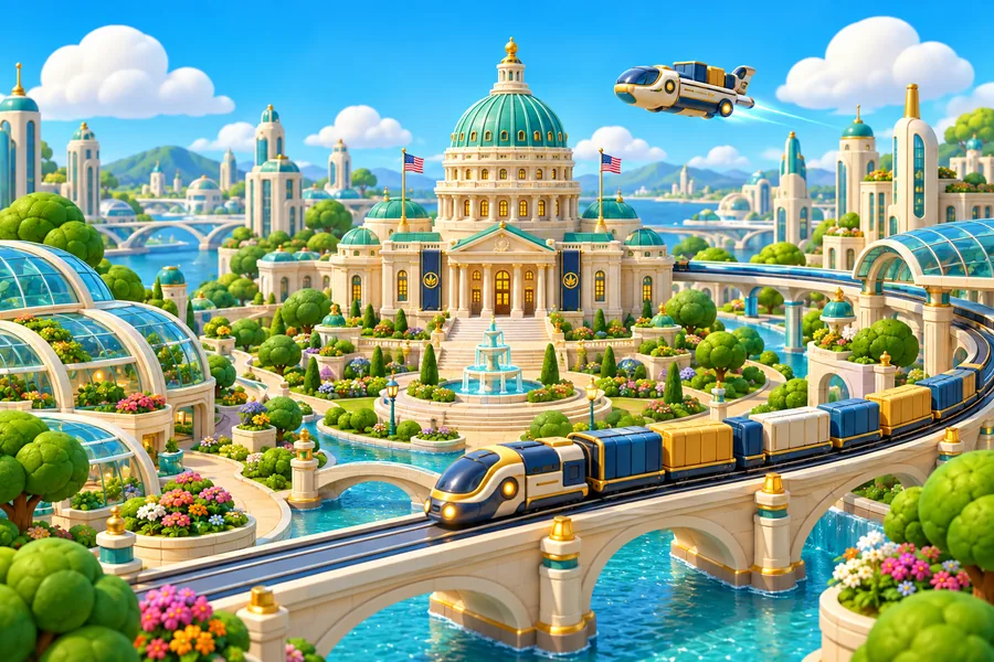 Horizon City, where a maglev line sweeps past a restored capitol dome