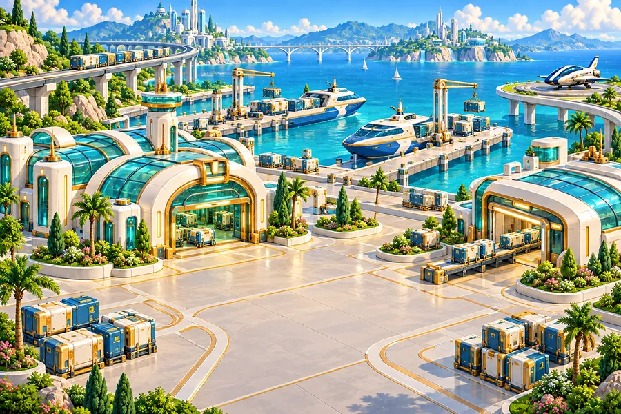 A future trade terminal ringing a bright harbor full of cargo craft