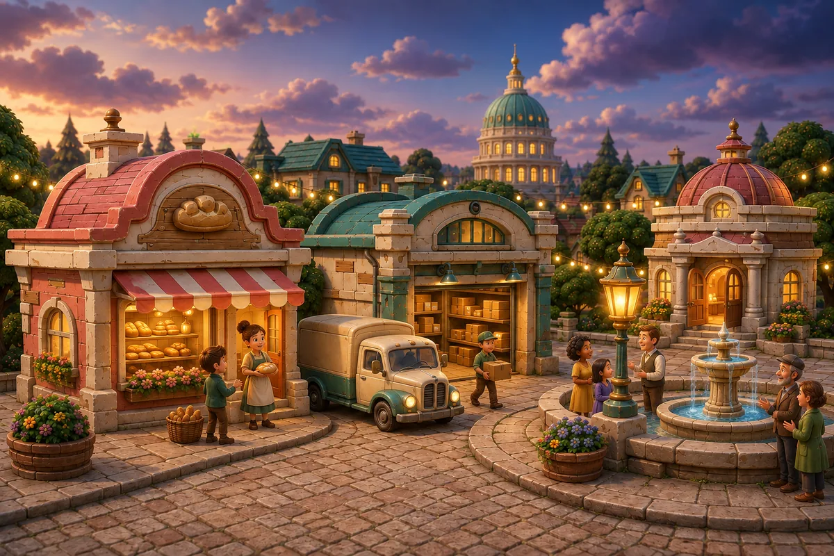 The same Main Street reopened, with a busy bakery, fountain and evening lights