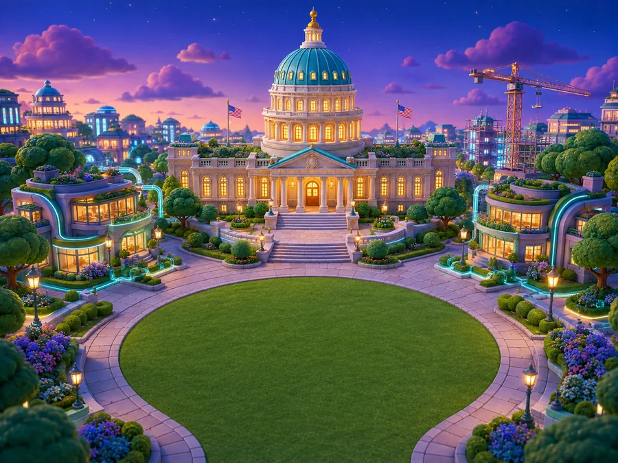 Renewal Square at twilight, its civic buildings glowing with warm light