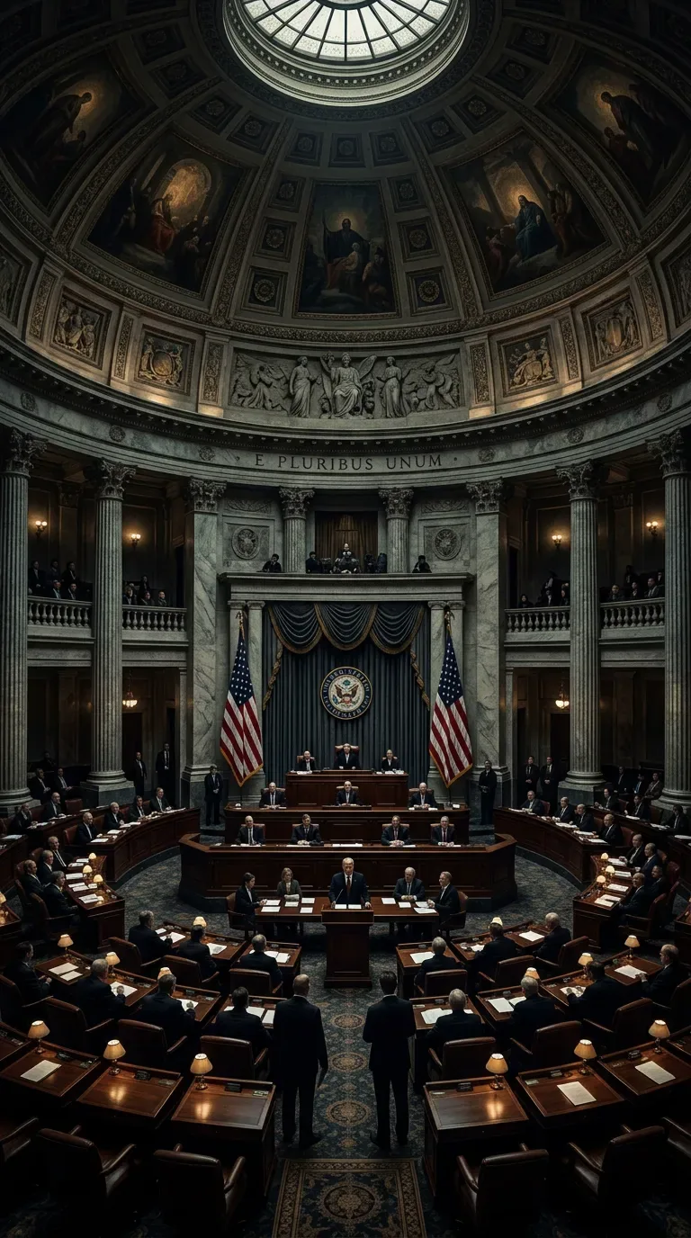 The senate chamber lit for a vote
