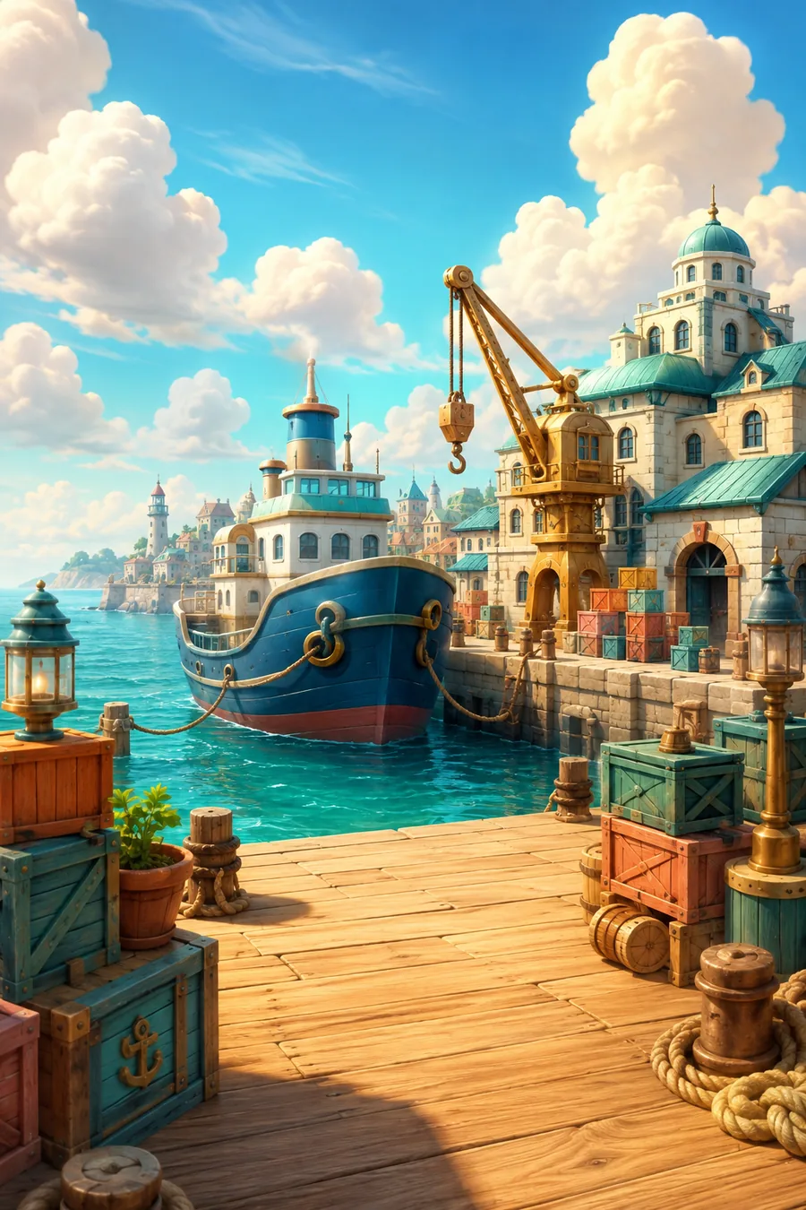 A bustling trade harbor with a cargo ship, crates and dockside cranes