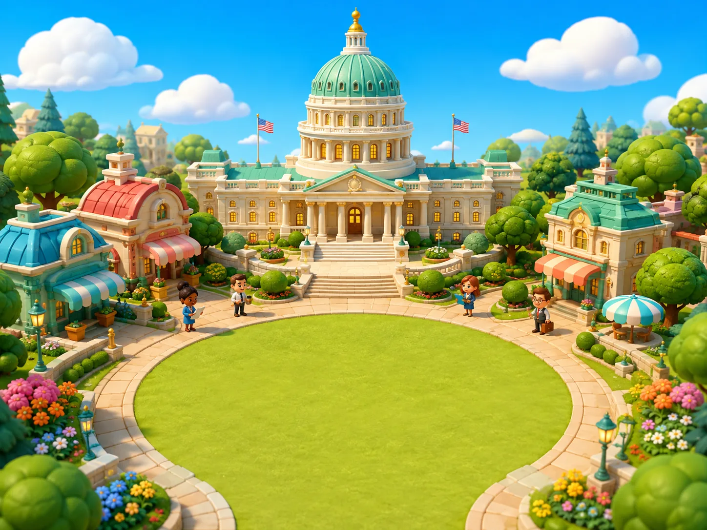 Treasury Town, a colorful miniature city with a mint-domed capitol, bustling shops and tree-lined streets
